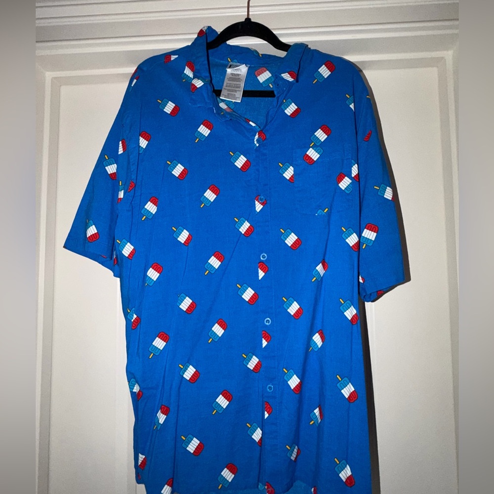 Target Blue Short-Sleeve Button-Up with Red & White Popsicle Print